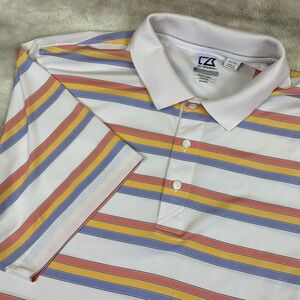 Cutter & Buck Mens XL CB DryTec Striped Polo Shirt White Orange Yellow Purple